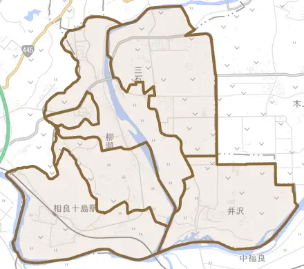 大字柳瀬とその周辺の地図。町の範囲を重ねている