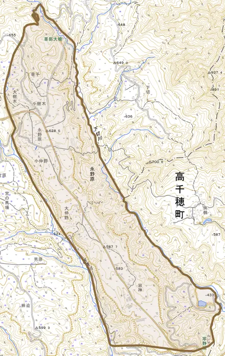 大字永野原とその周辺の地図。町の範囲を重ねている