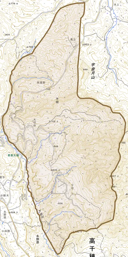 大字下切とその周辺の地図。町の範囲を重ねている
