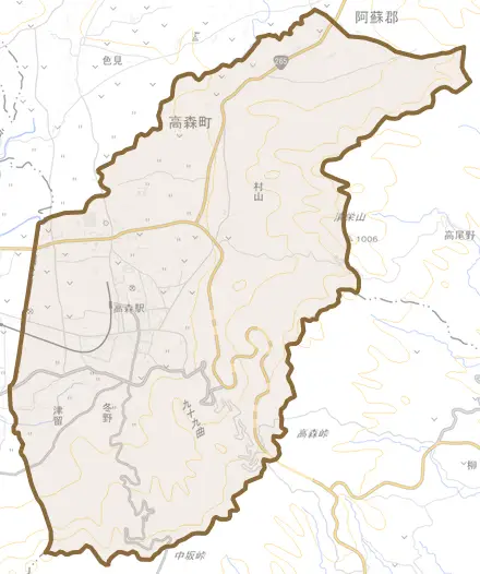 大字高森とその周辺の地図。町の範囲を重ねている