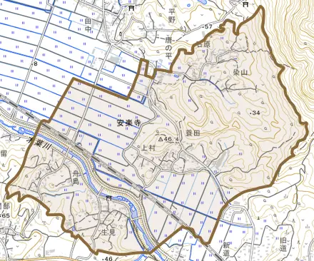 安楽寺とその周辺の地図。町の範囲を重ねている