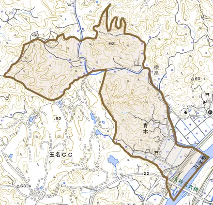 青木とその周辺の地図。町の範囲を重ねている