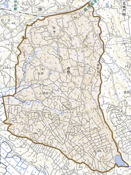 青野とその周辺の地図。町の範囲を重ねている
