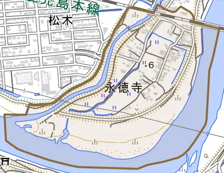 永徳寺とその周辺の地図。町の範囲を重ねている