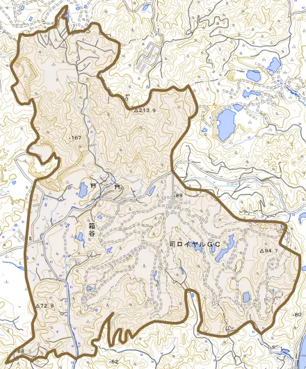 箱谷とその周辺の地図。町の範囲を重ねている