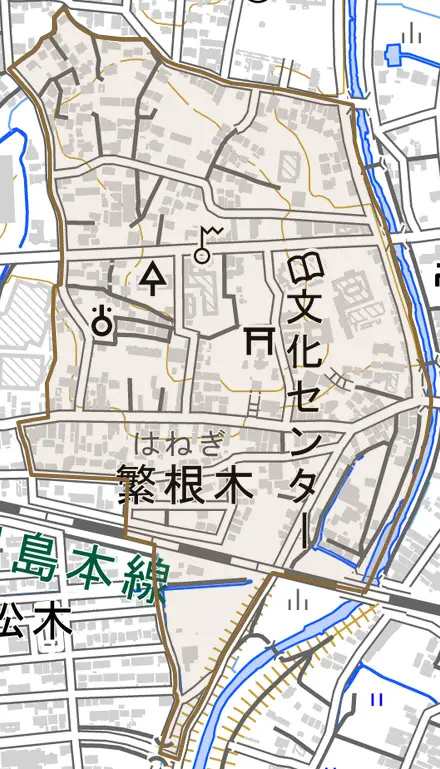繁根木とその周辺の地図。町の範囲を重ねている
