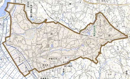 伊倉北方とその周辺の地図。町の範囲を重ねている