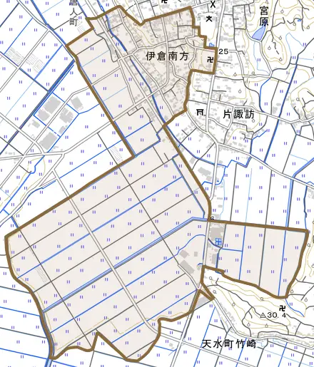 伊倉南方とその周辺の地図。町の範囲を重ねている