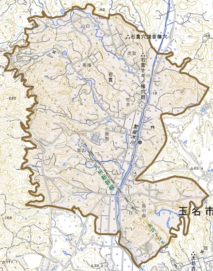 石貫とその周辺の地図。町の範囲を重ねている