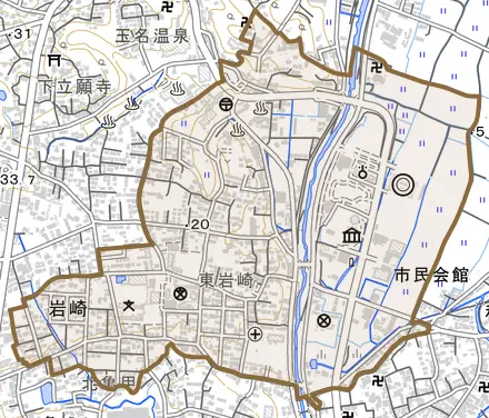 岩崎とその周辺の地図。町の範囲を重ねている