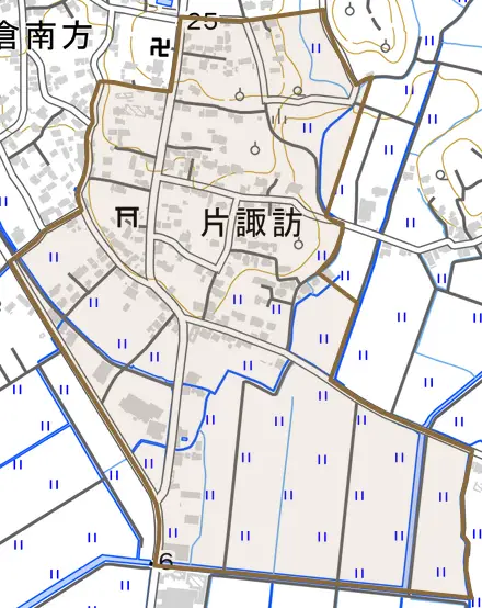 片諏訪とその周辺の地図。町の範囲を重ねている