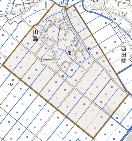 川島とその周辺の地図。町の範囲を重ねている