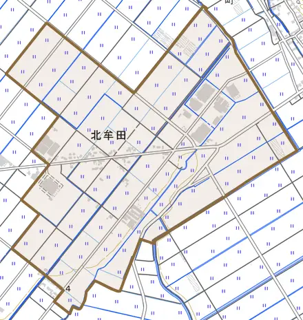 北牟田とその周辺の地図。町の範囲を重ねている