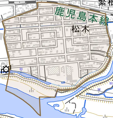 松木とその周辺の地図。町の範囲を重ねている