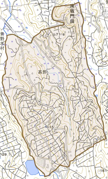 南坂門田とその周辺の地図。町の範囲を重ねている