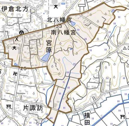 宮原とその周辺の地図。町の範囲を重ねている