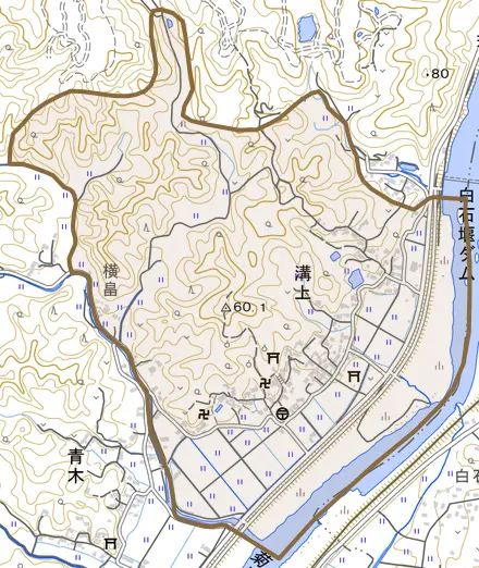 溝上とその周辺の地図。町の範囲を重ねている