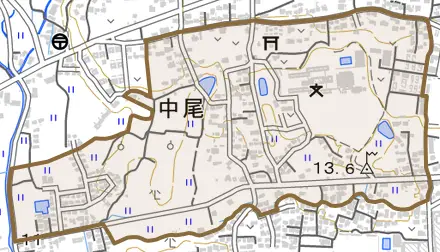 中尾とその周辺の地図。町の範囲を重ねている