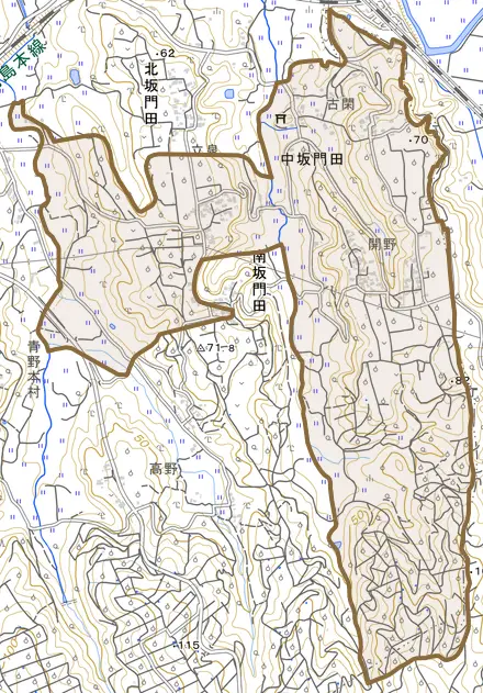 中坂門田とその周辺の地図。町の範囲を重ねている