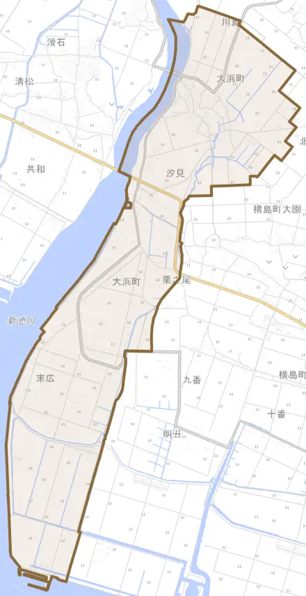 大浜町とその周辺の地図。町の範囲を重ねている