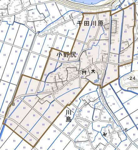 小野尻とその周辺の地図。町の範囲を重ねている