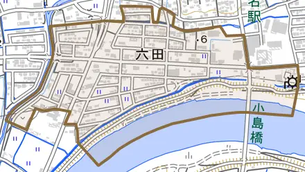 六田とその周辺の地図。町の範囲を重ねている