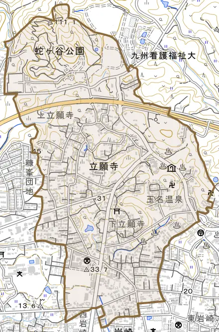 立願寺とその周辺の地図。町の範囲を重ねている