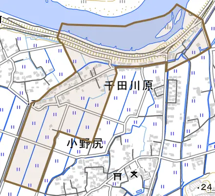 千田川原とその周辺の地図。町の範囲を重ねている