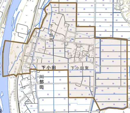 下小田とその周辺の地図。町の範囲を重ねている