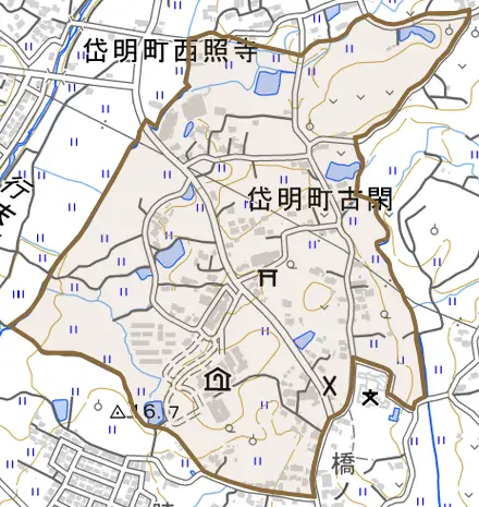 岱明町古閑とその周辺の地図。町の範囲を重ねている