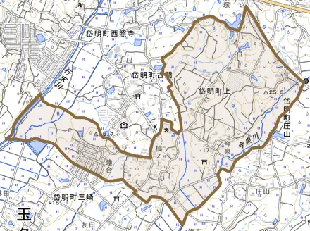 岱明町上とその周辺の地図。町の範囲を重ねている