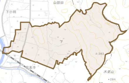 下とその周辺の地図。町の範囲を重ねている