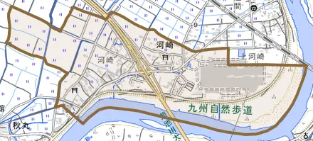 河崎とその周辺の地図。町の範囲を重ねている