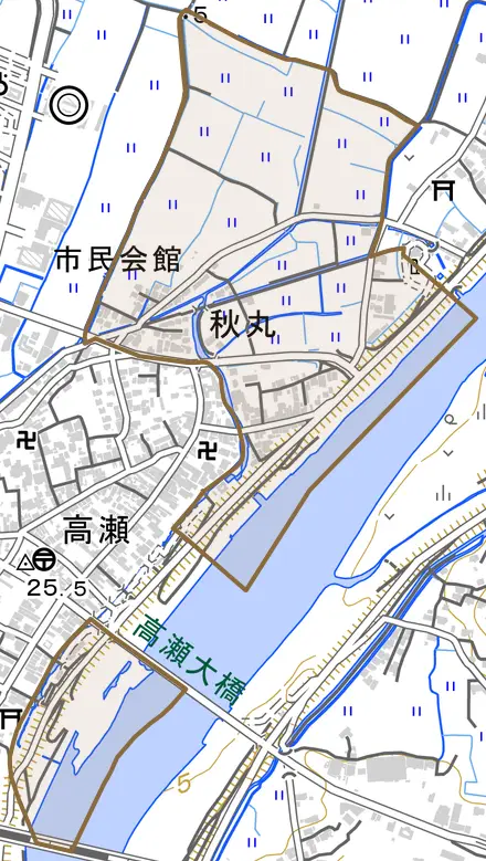 秋丸とその周辺の地図。町の範囲を重ねている