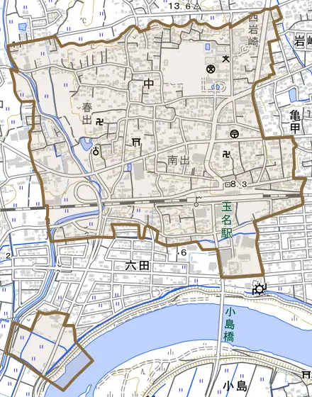 中とその周辺の地図。町の範囲を重ねている