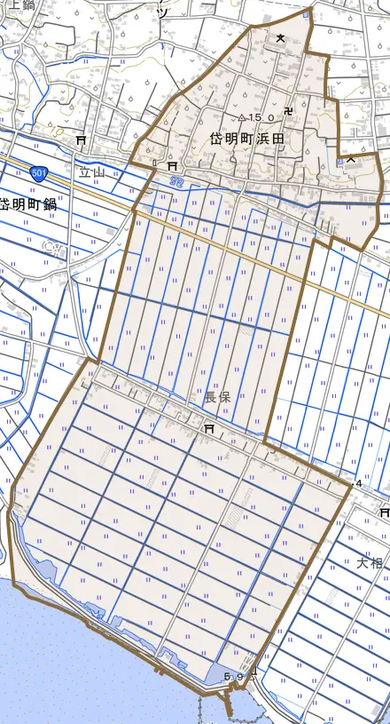 岱明町浜田とその周辺の地図。町の範囲を重ねている