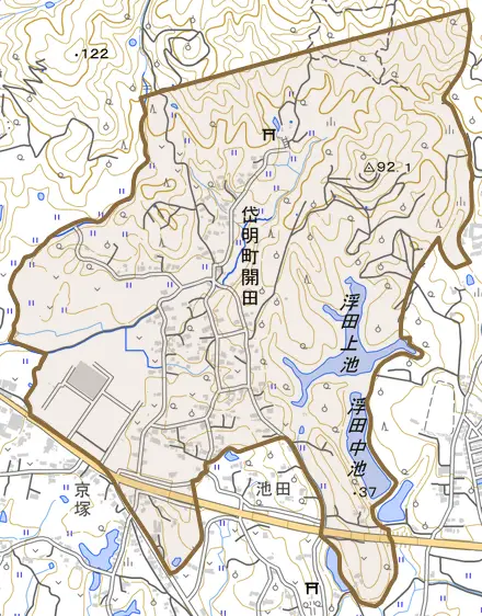岱明町開田とその周辺の地図。町の範囲を重ねている