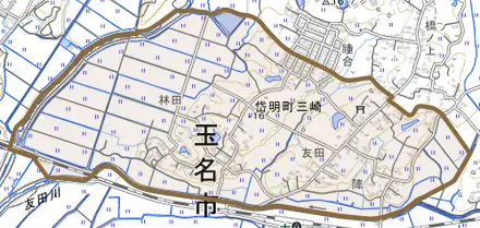 岱明町三崎とその周辺の地図。町の範囲を重ねている