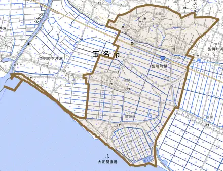 岱明町鍋とその周辺の地図。町の範囲を重ねている