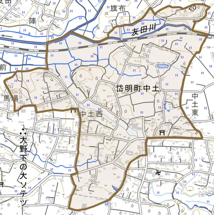 岱明町中土とその周辺の地図。町の範囲を重ねている