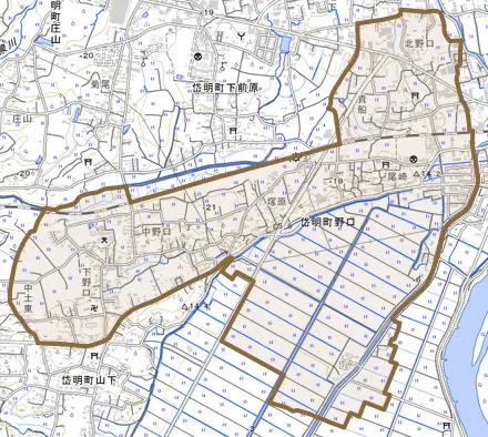 岱明町野口とその周辺の地図。町の範囲を重ねている