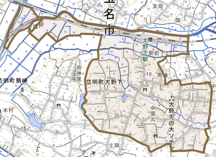 岱明町大野下とその周辺の地図。町の範囲を重ねている