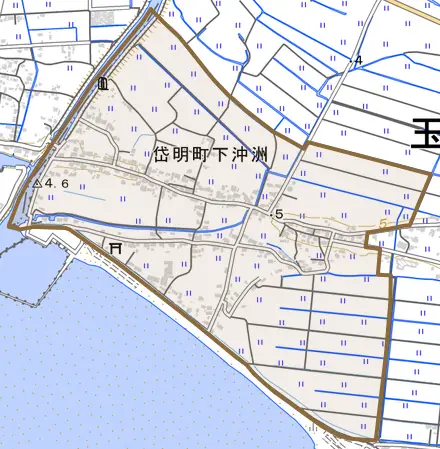 岱明町下沖洲とその周辺の地図。町の範囲を重ねている