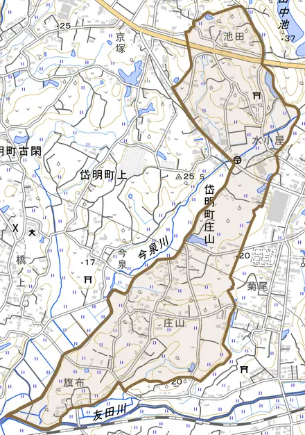 岱明町庄山とその周辺の地図。町の範囲を重ねている