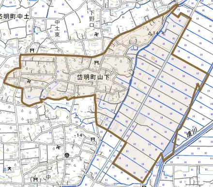 岱明町山下とその周辺の地図。町の範囲を重ねている