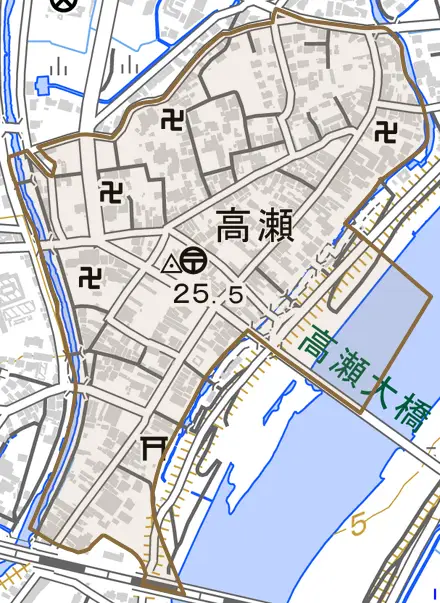 高瀬とその周辺の地図。町の範囲を重ねている