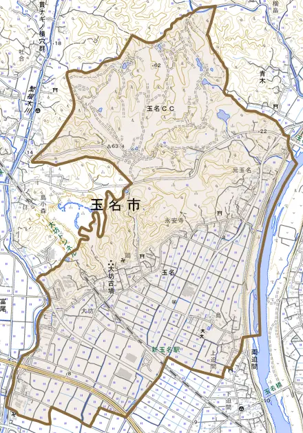 玉名とその周辺の地図。町の範囲を重ねている