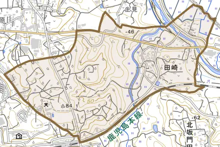 田崎とその周辺の地図。町の範囲を重ねている