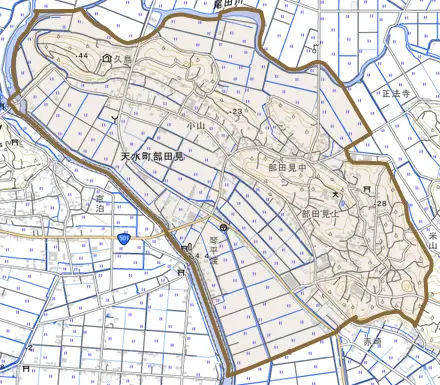 天水町部田見とその周辺の地図。町の範囲を重ねている
