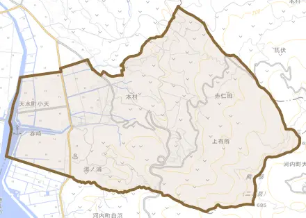 天水町小天とその周辺の地図。町の範囲を重ねている